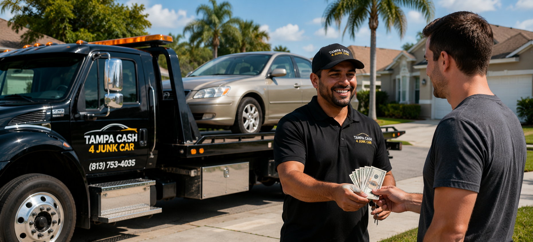Tow truck picking up a junk car in the Tampa Bay area